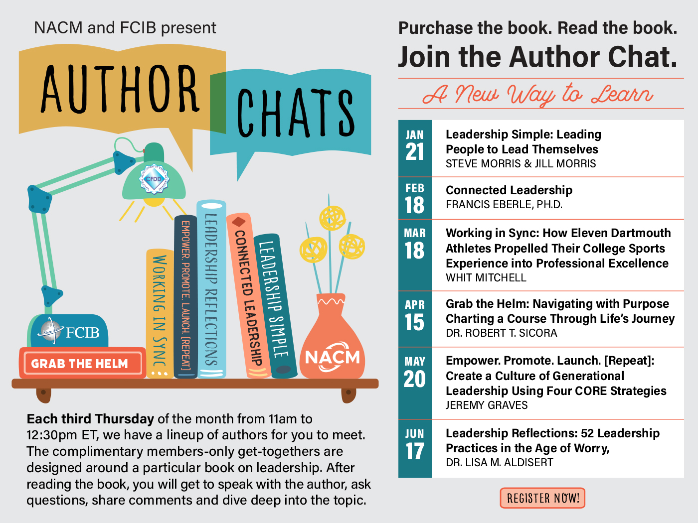 NACM and FCIB present, Author Chats. Every 3rd Thursday of the month from 11am to 12:30pm ET